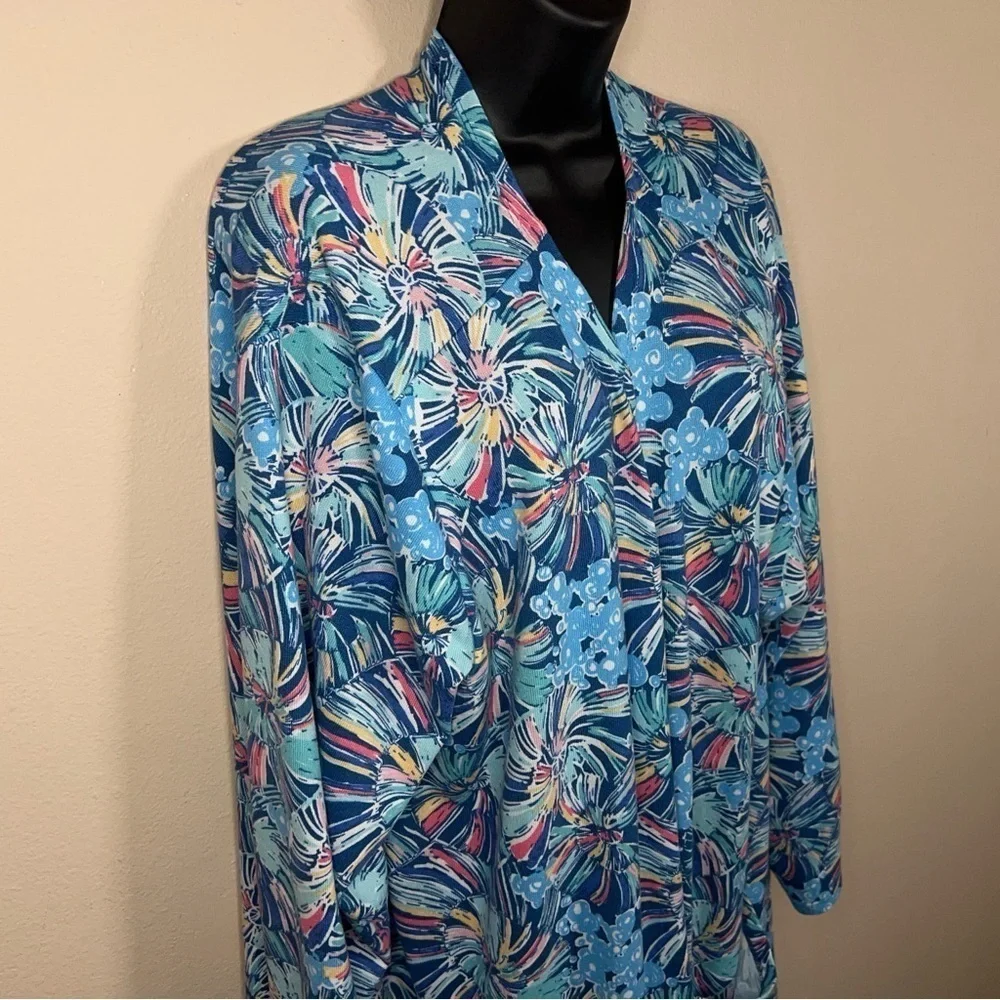 3XL XXXL BLUE ABSTRACT FLORAL SHRUG TOP BLOUSE OPEN FRONT COLORFUL LONG SLEEVE